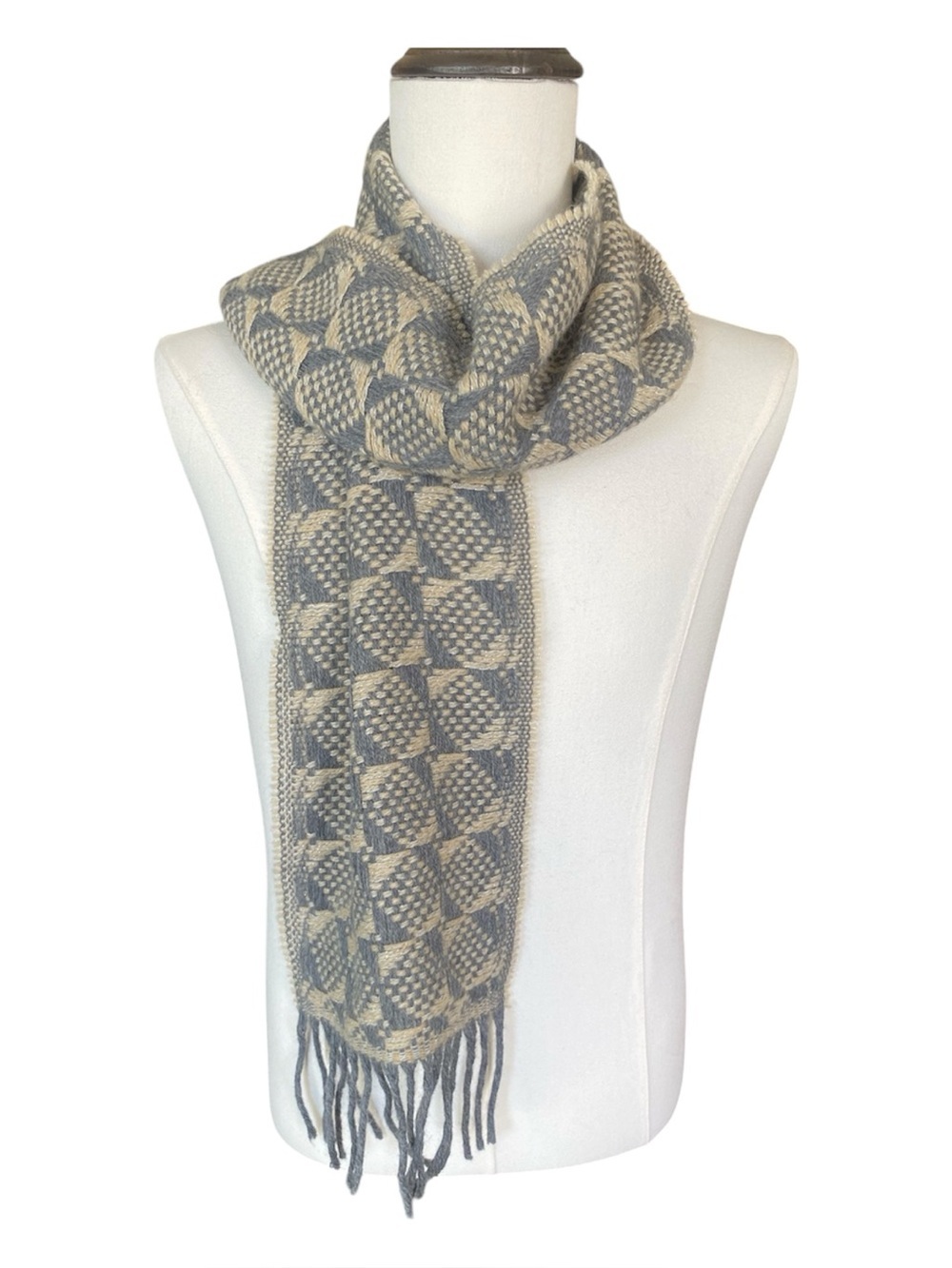 Made in Italy Lambswool Blend Woven Scarf Gray Beige Geometric Fringe Unisex